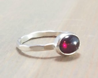 Small Garnet Ring Silver US Size 5 1/2, Sterling Silver Hammered Stacking Red Gemstone Layering Pinky Ring, Girls January Birthstone Jewelry