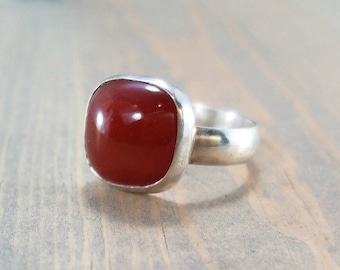 Chunky Red Carnelian Ring, Women's US Size 5, Large Square Gemstone, Statement / Solitaire, Bold Handmade Sterling Silver Stone Pinky Ring