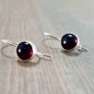 Short Red Garnet Earrings, Sterling Silver Bezel Set Kidney Wire Locking Hook / Latch Back Comfortable Earrings, January Birthstone Jewelry