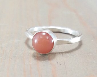 Small Peach Moonstone Ring, Size 6 3/4, Solitaire Hammered Stacker, Sterling Silver, 7mm Peach Moonstone Stacking Ring, Single Gemstone