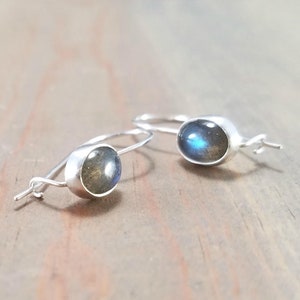 Small Dainty Oval Labradorite Earrings, Lightweight Sterling Silver Locking Kidney Wire, Latch Back Hook