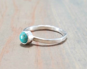 Tiny Turquoise Ring, US Size 5 1/2 Handmade Sterling Silver Hammered Stackable December Birthstone, Blue Gemstone, Girl's Ring for Teens