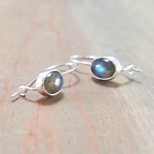 Small Dainty Oval Labradorite Earrings, Lightweight Sterling Silver Locking Kidney Wire, Latch Back Hook