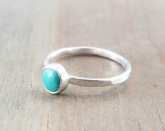 Tiny Turquoise Stacker Ring, US Size 4 Hammered Pinky Ring, Sterling Silver Girl's Ring, December Birthstone Jewelry, Small Turquoise Ring