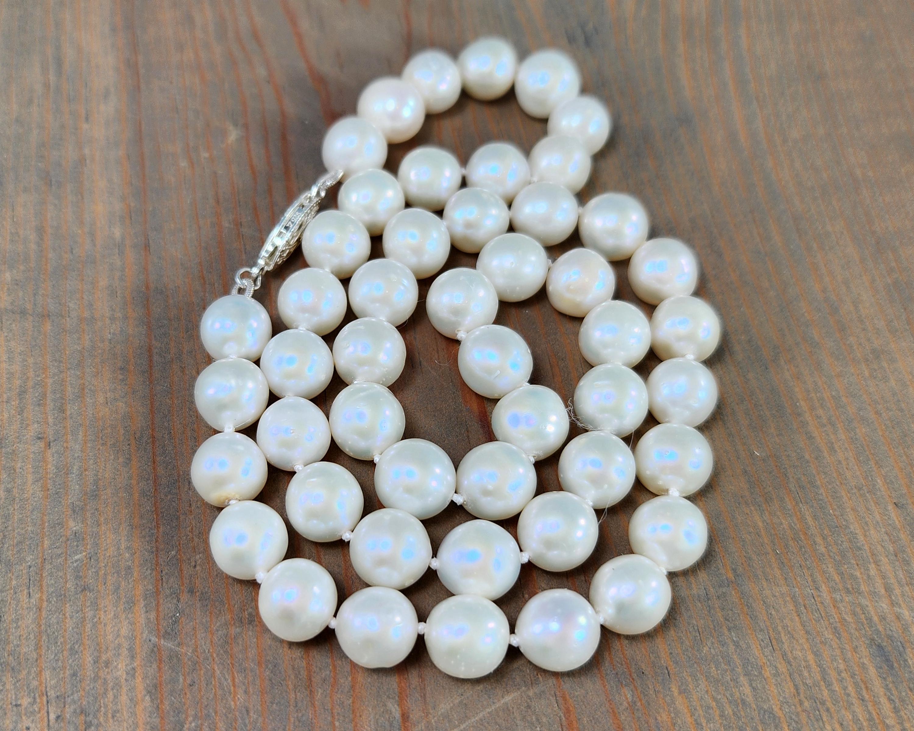 Classic 18 Inch White Freshwater Pearl Necklace, 8 - 9mm Pearls, Hand Knotted with White Silk, Elegant Sterling Silver Filigree Pearl Clasp