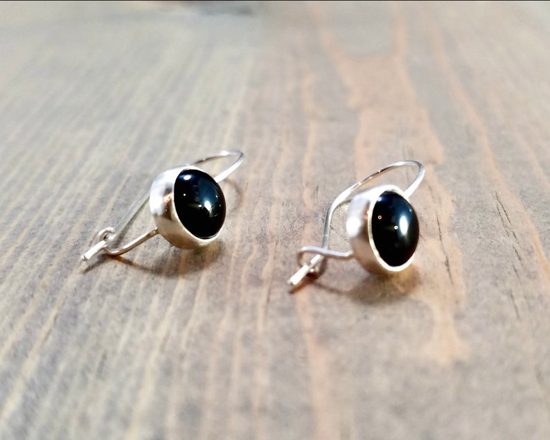 Elegant Dangle Earrings Sterling Silver Bezle Drop Earrings Gemstone Bezel Earrings Black Onyx and Pearl Bezel Drop Earrings