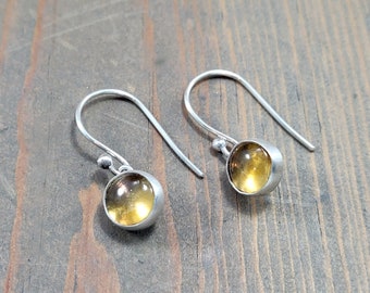 Small Yellow Citrine Dangle Hook Earrings set in Sterling Silver, Delicate Gemstone Bezel Set Cabochon Drop, November Birthstone Jewelry