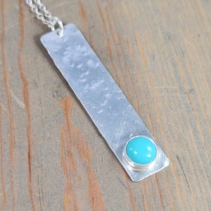 Blue Turquoise Stick Necklace, Long Layered Sterling Silver Thin Vertical Hammered Bar Stacker Pendant, Modern December Birthstone Jewelry