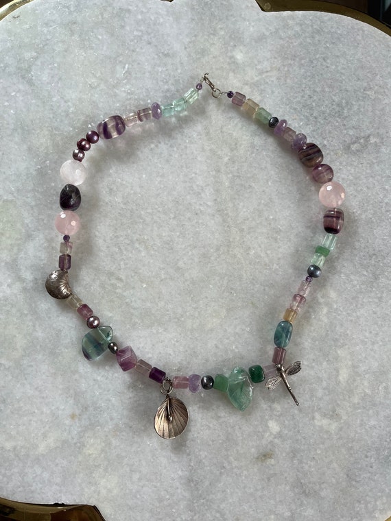 Handmade Gemstone and Silver Charm Necklace Made … - image 1