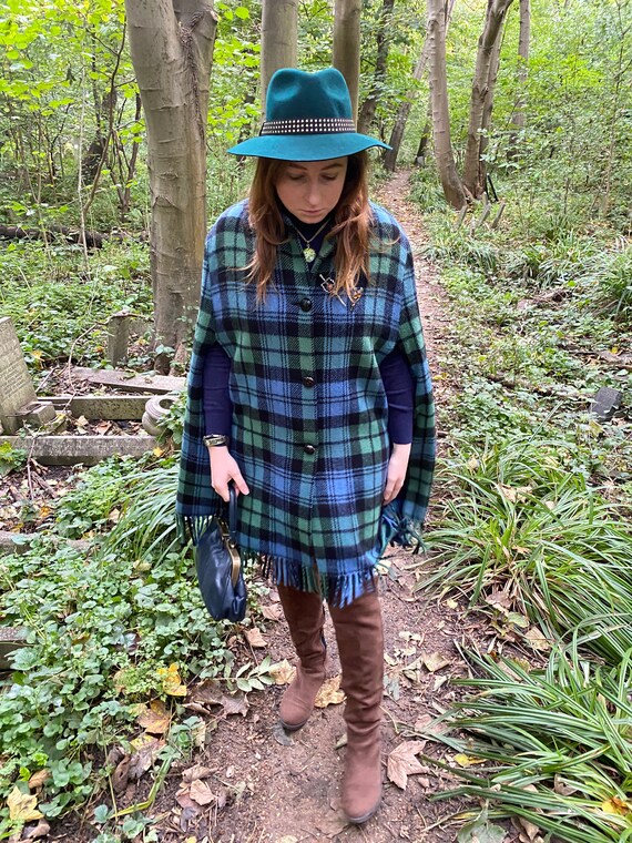 Vintage Wool Tartan Check Long Cape