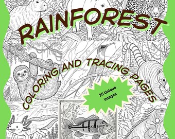Amazon Rainforest animal coloring and tracing worksheets 25 exotic wildlife image pages.