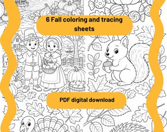 Fall coloring and tracing sheets 6 autumn holiday designs