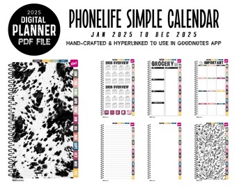 2025 PhoneLife Simple Calendar Digital Planner | Jan - Dec 2025 | for GoodNotes | Instant Download | BW COWHIDE