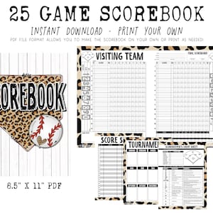 May include: Printable baseball scorebook with 25 game score sheets, a tournament schedule, and a scorekeeper's cheat sheet. The scorebooks feature a leopard print design with a baseball graphic.