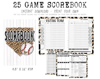 25 Game Digital Printable Softball & Baseball Sports Scorebook Pages | Instant Download | 8.5x11 pdf file format | LEOPARD DIAMOND BASEBALL