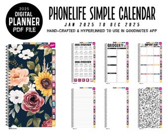 2025 PhoneLife Simple Calendar Digital Planner | Jan - Dec 2025 | for GoodNotes | Instant Download | AUTUMN NAVY FLORAL