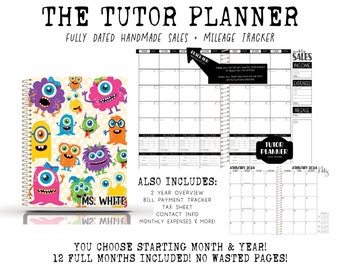 Tutoring Sales + Mileage Tracker | Handcrafted Print Planner | 12 Full Months - You choose starting month & year | MONSTER TEACHER
