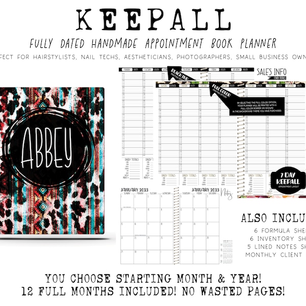 2024 Keepall Appointment Book | Handcrafted Printed Planner | 12 Full Mths - You choose starting month & year + layout | BLACK COWHIDE AZTEC