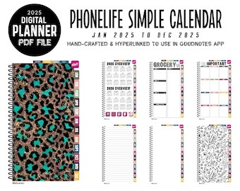 2025 PhoneLife Simple Calendar Digital Planner | Jan - Dec 2025 | for GoodNotes | Instant Download | AQUA CHEETAH