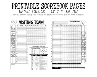 Digital Printable Softball & Baseball Sports Scorebook Pages | Instant Download | 8.5x11 PDF, JPEG Format