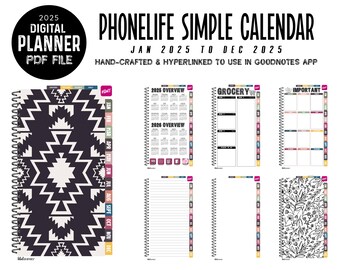 2025 PhoneLife Simple Calendar Digital Planner | Jan 2025 - Dec 2025 | for GoodNotes | Instant Download | BW AZTEC