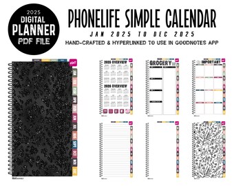 2025 PhoneLife Simple Calendar Digital Planner | Jan - Dec 2025 | for GoodNotes | Instant Download | BLACK GLITTER LEOPARD