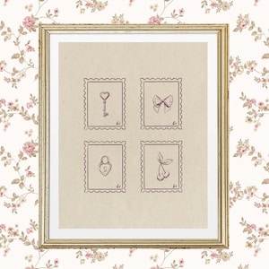 Vintage Stempel, adrettes Poster, College Wohnung Dekor Schloss und Schlüssel Schleife Kirsche Druck Kokette Zimmer Girly Cute Cottagecore, DIGITAL