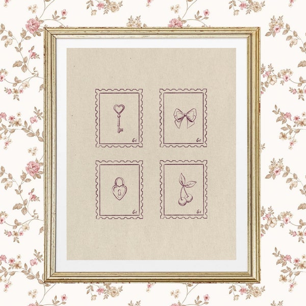 Vintage Stamps Wall Art, Preppy poster, College Apartment Decor Lock and Key Bow Cherry Print coquette room Girly Cute Cottagecore, DIGITAL