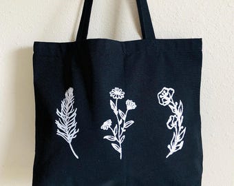 Hand-Painted Floral Tote Bag: Black Canvas Market Bag
