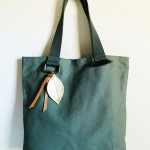 Army Green Canvas Tote Bag: Gold Leaf Accent, Upcycled Strap