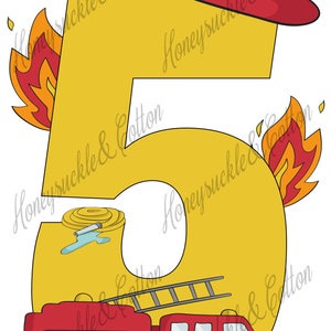 May include: A yellow number 5 graphic with a red firefighter's hat, flames, a fire truck, and a fire hose. The fire truck is red with a silver ladder. The flames are red and orange.