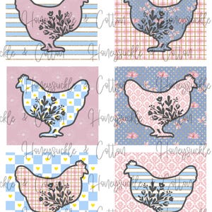 May include: Six decorative chicken designs with floral accents. Each chicken silhouette has a unique pattern, including stripes, gingham, and floral prints, in pastel colours. The text "Honeysuckle & Cotton" is visible in the image.