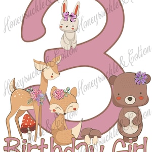 Pink Woodland 3rd Birthday, Forest Animals Birthday PNG, Birthday Girl