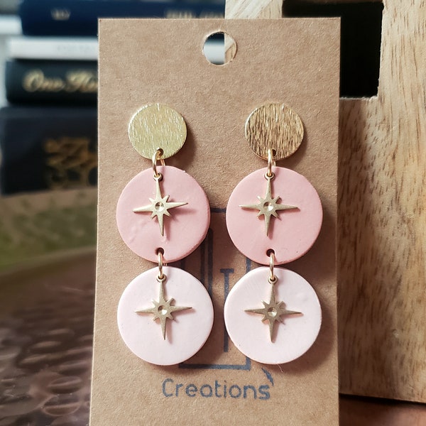 Light Dusty Pink Celestial Star Dangle Earrings, Polymers Clay Circle Dangle Earrings with Brass Star Charms