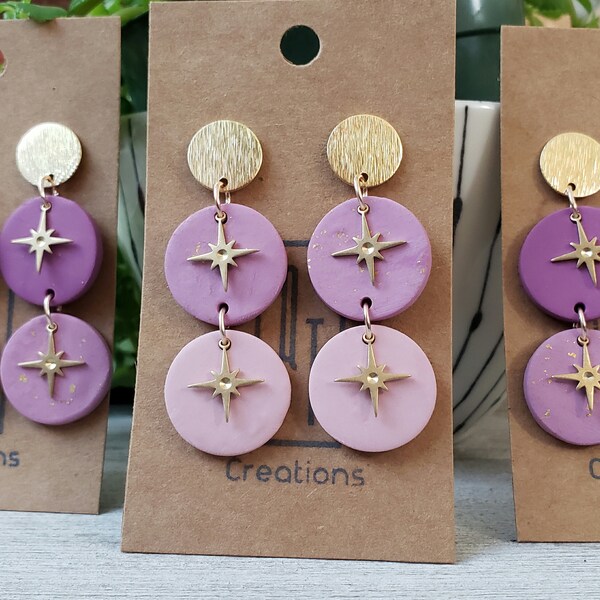 Light Purple Dangle Celestial Star Earrings, Polymer Clay Purple Post Earrings