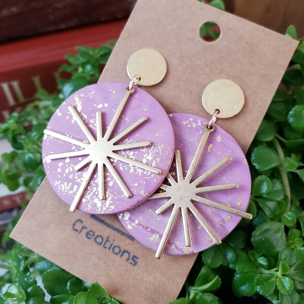 Large Purple Circle Celestial Star Earrings, Polymer Clay Purple Post Earrings