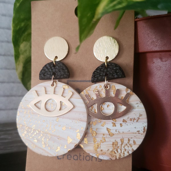 Eye Geometric Earrings with Gold Leaf Accents, Dangle Earrings with Eye Charms