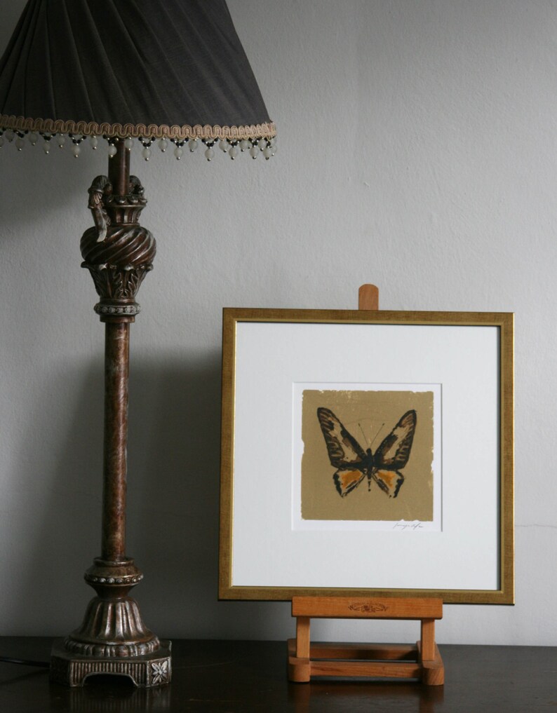 Hand painted butterfly in pen and ink silhouette on gold leaf on paper. image 2