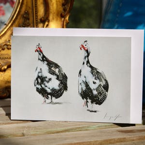 Bonnie & Clyde- A6 Blank greetings cards of guinea fowl drawn by Imogen Man