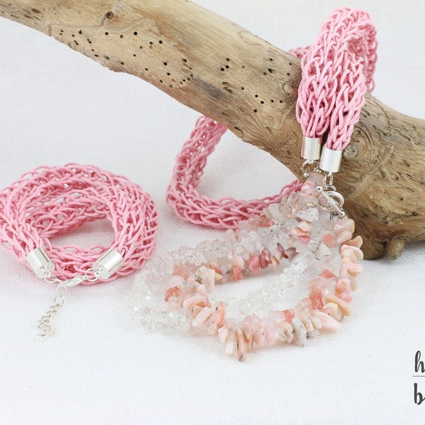 French knitted, gemstones (pink and clear quartz and rhodochrosite chip stones) necklace and bracelet set, light pink cord, handmade.