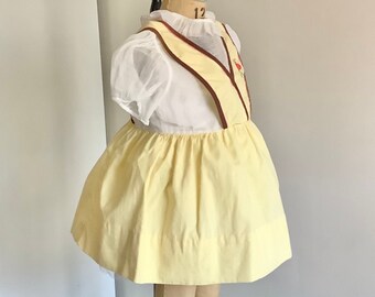 Vintage 1950s Toddler Dress - 40s 50s 60s Honeysuckle Yellow Cotton Suspender Heart Sheer White Organdy Bodice Frock 2 2T Little Girl Child