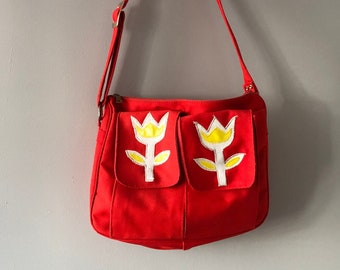 Vintage Purse or Diaper Bag / 70s 80s Carter's Retro Bright Red Orange Tulip Bag Mom Carry All Tote with Strap