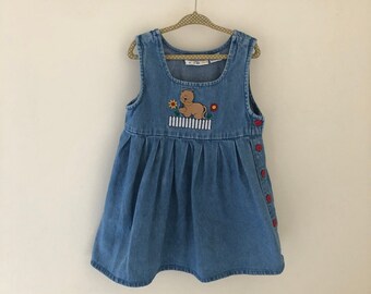 Vintage Child's Dress - 90s Girl Little Girl Light Wash Jean Jumper Dress Cat Denim Retro Dress Child 4 4T Everyday Wear Red Buttons