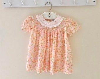 Vintage 1960s Baby Dress - 50s 60s Peach Orange Pink Daisy Floral White Semi-Sheer Nannette Girl Spring Summer Infant 9 12 15 18 Months