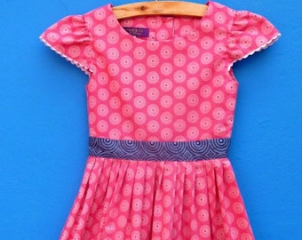 Girl's Pink dress with Navy Belt detail: 100% cotton- handmade in South Africa with Love
