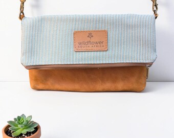Handmade Leather Crossbody Bag, Fold Over Fabric Purse, South African Handbag, Sac Bandoulière Cuir, Artisan Shoulder Bag