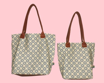 Sac Beige avec base en cuir véritable - 2 Tailles, mini ou large - Tissu Shweshwe 100% coton - Doublé en jean solide