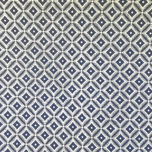 May include: A seamless fabric pattern with a repeating geometric design. The pattern features white diamonds on a dark blue background.