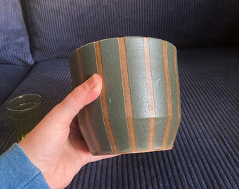 Unique Ceramic Flower Pot - Forest Green Handmade Pottery - Ceramic Pottery - Green Stripes