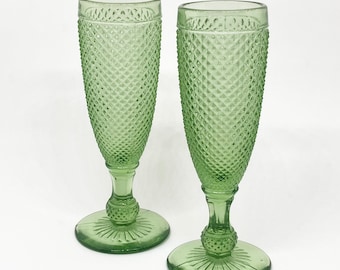 Vintage Set of 2 - Vista Alegre Bicos - Green Champagne Flutes